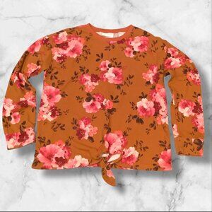 The Children's Place‎ Girls Floral Print Fleece Tie Front Top Brown Long Sleeves